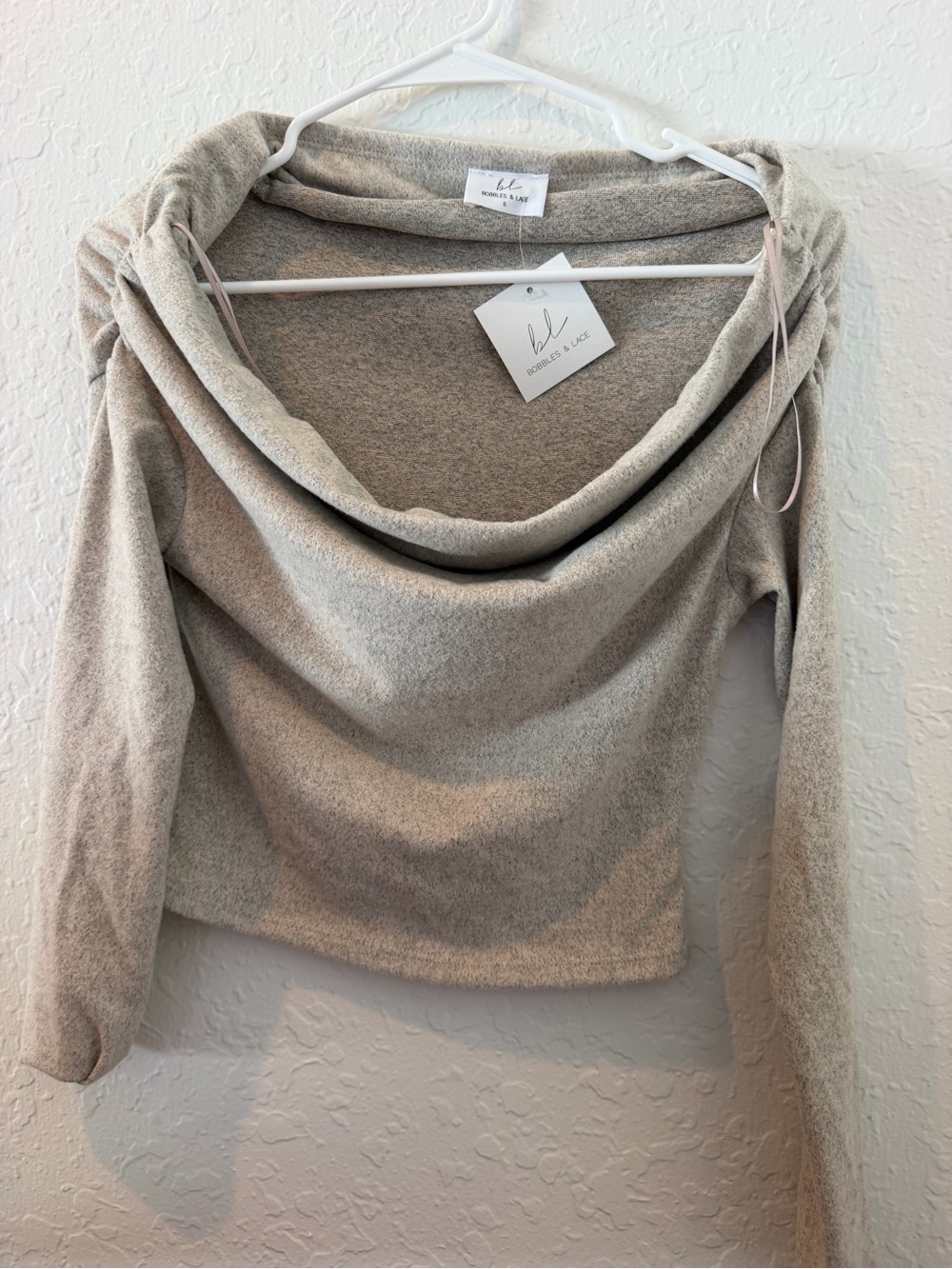 Bobbles & Lace Taupe Cowl Neck Long Sleeve Knit Top Size Small NWT